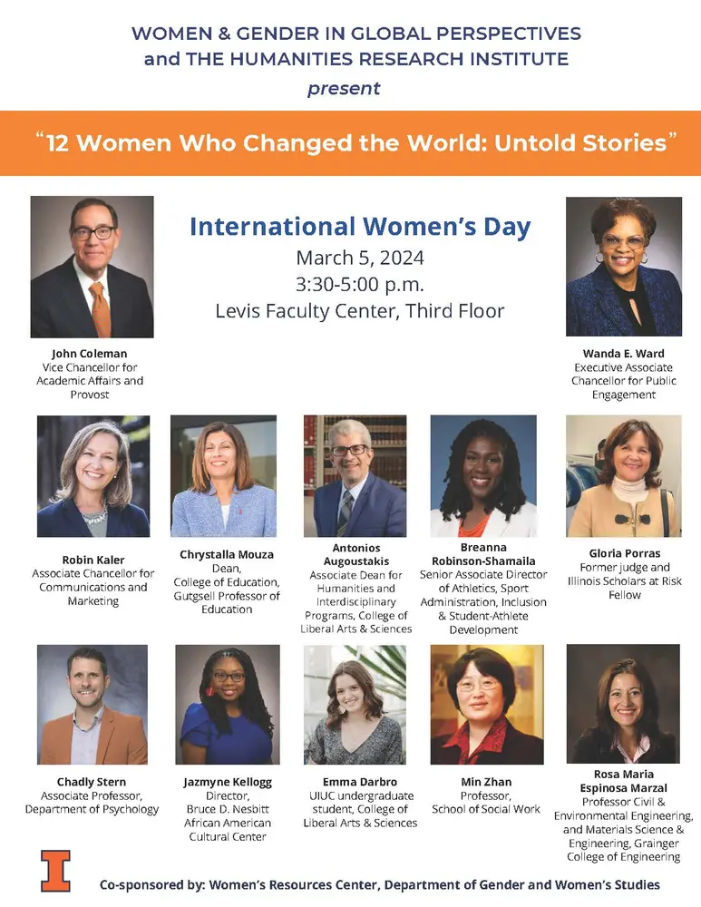 image of International Women's Day event taking place on March 5 2024 with names and photos of speakers